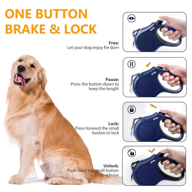 Fida Retractable Dog Leash with Dispenser and Poop Bags, 16 ft Pet Walking Leash for Small Dog or Cat up to 26 lbs, Anti-Slip Handle, Tangle-Free, Reflective Nylon Tape (S, Navy Blue) - Image 4